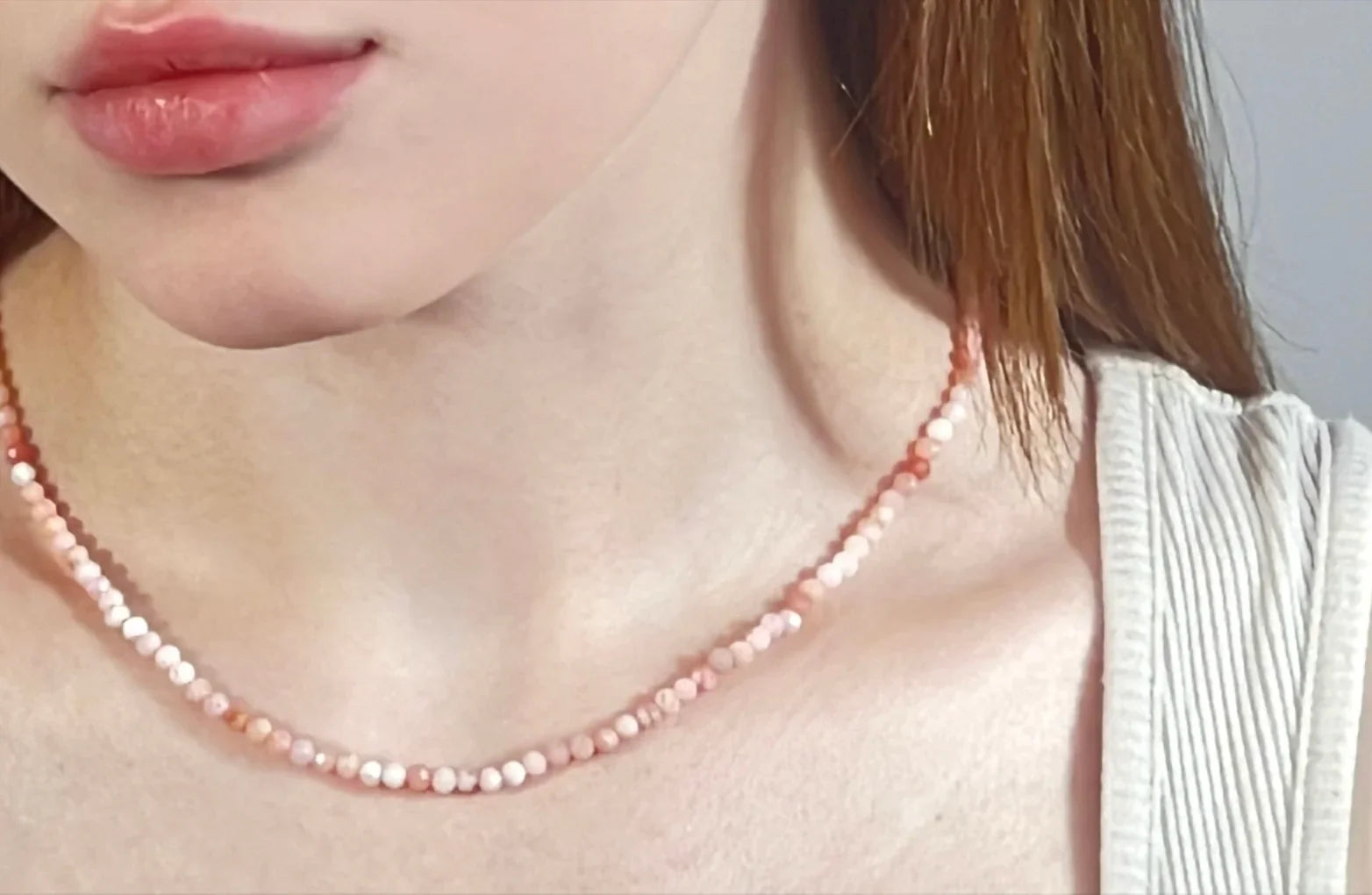 Velvet Luminance October birthstone jewelry – pink opal beaded necklace, minimalist gemstone jewelry gift for her.