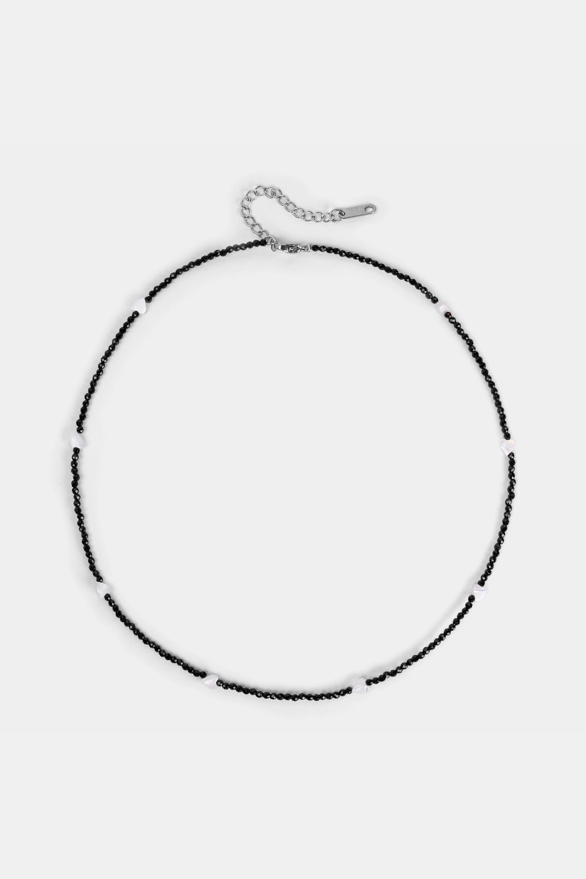 black seed bead choker with white mother of pearl heart beads – Velvet Luminance