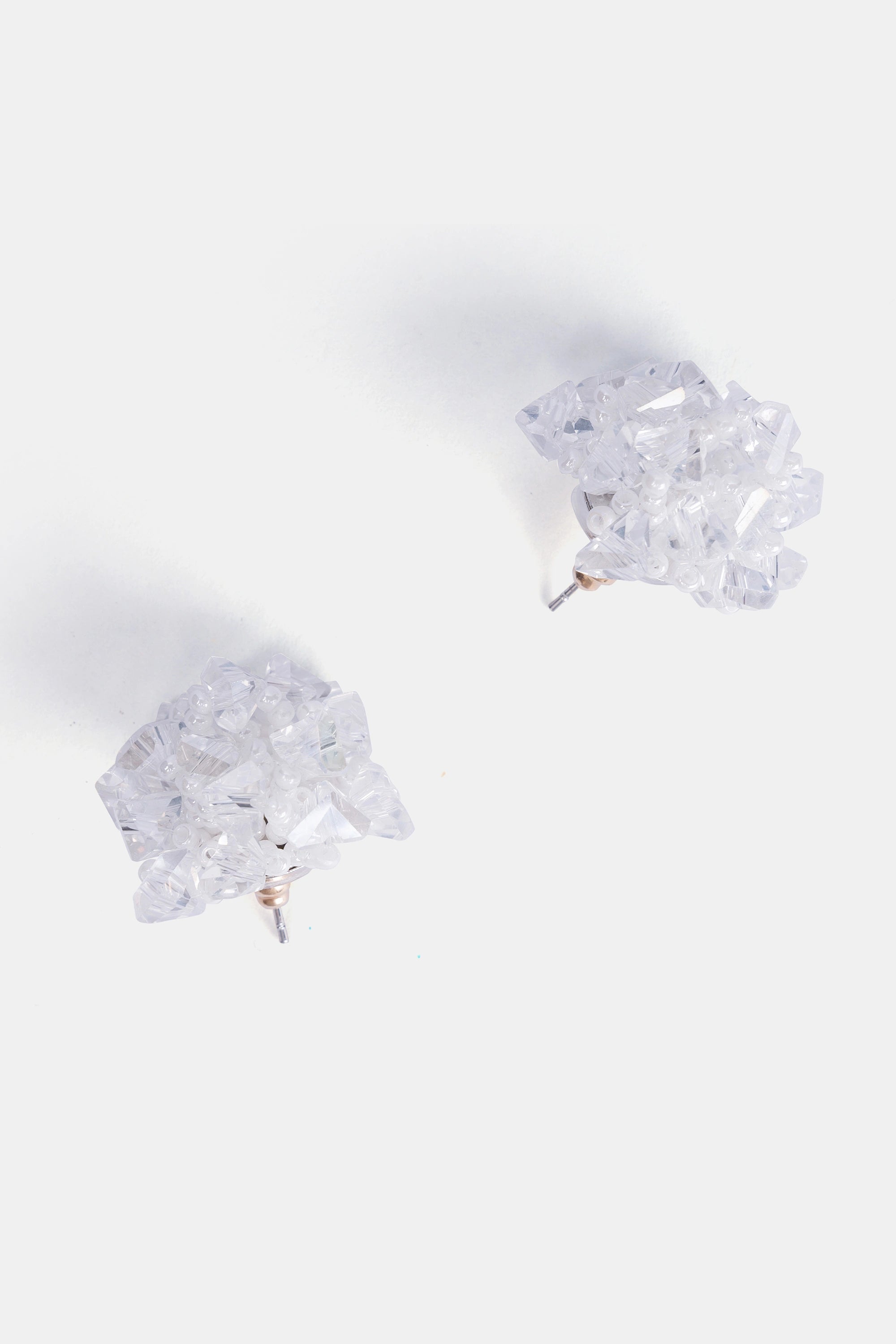 close-up of beaded clear crystal hydrangea stud earrings