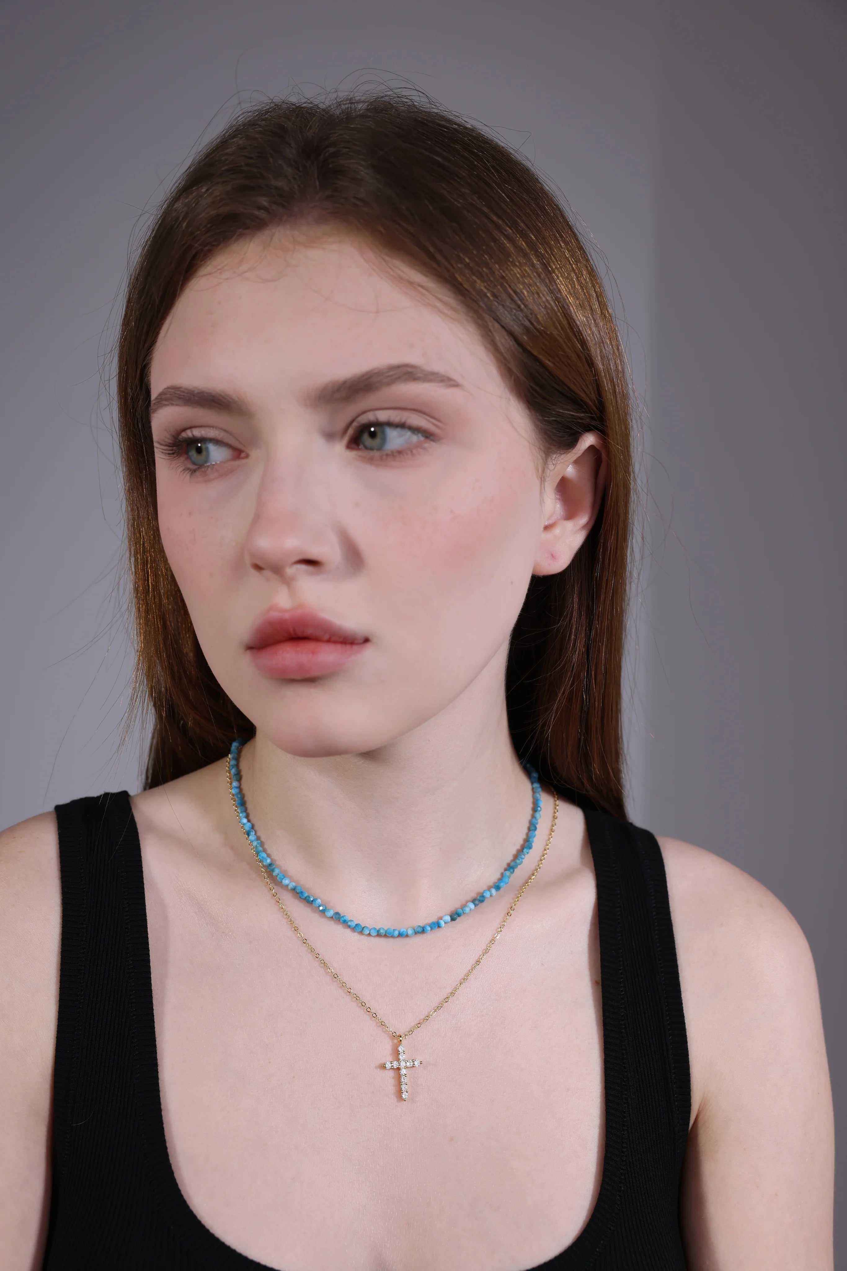 Caribbean blue gemstone necklace on neck – everyday jewelry