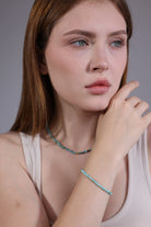 model wearing amazonite beaded bracelet – minimalist stacking jewelry