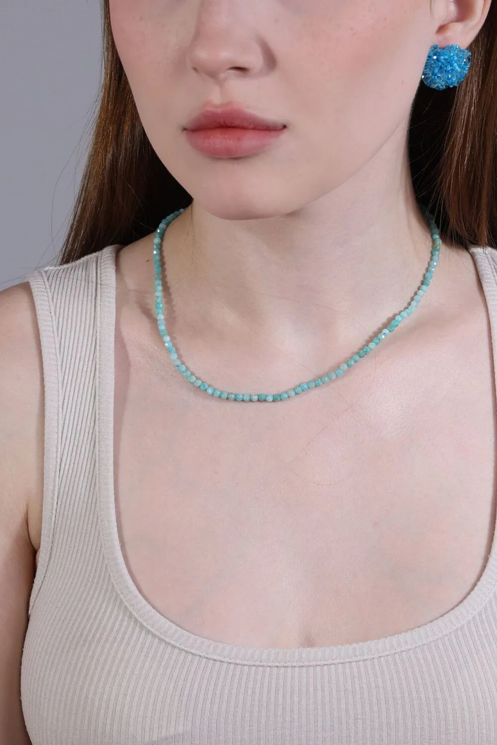 model wearing amazonite necklace – minimalist layering jewelry