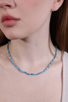model wearing larimar beaded necklace – minimalist layering