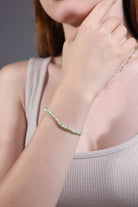 model wearing moss agate bracelet – minimalist stacking jewelry