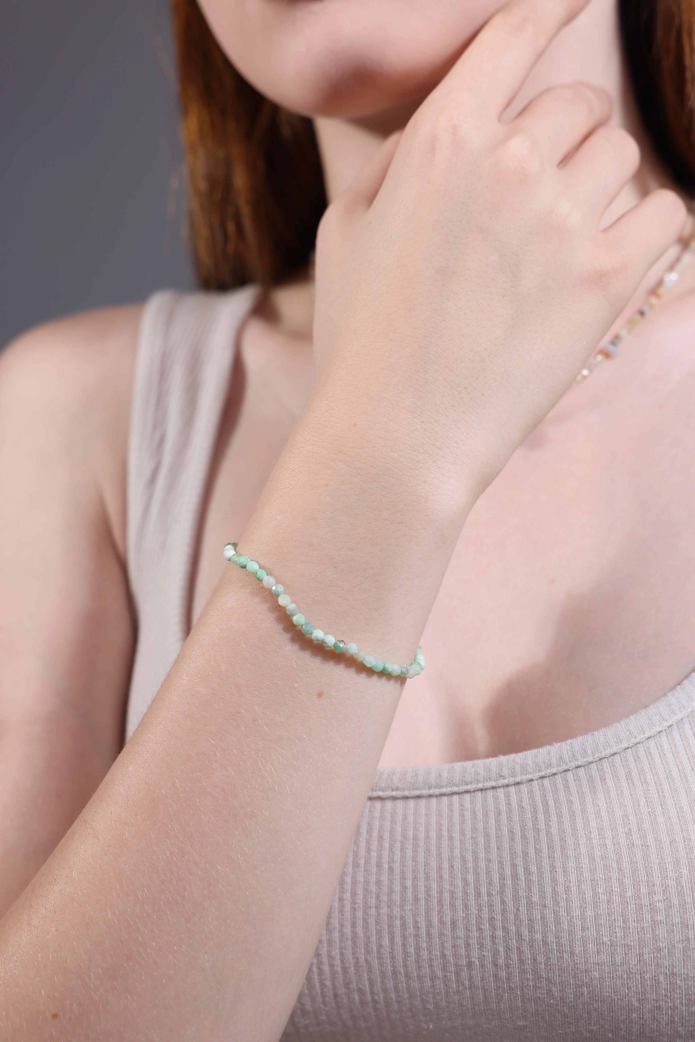model wearing moss agate bracelet – minimalist stacking jewelry