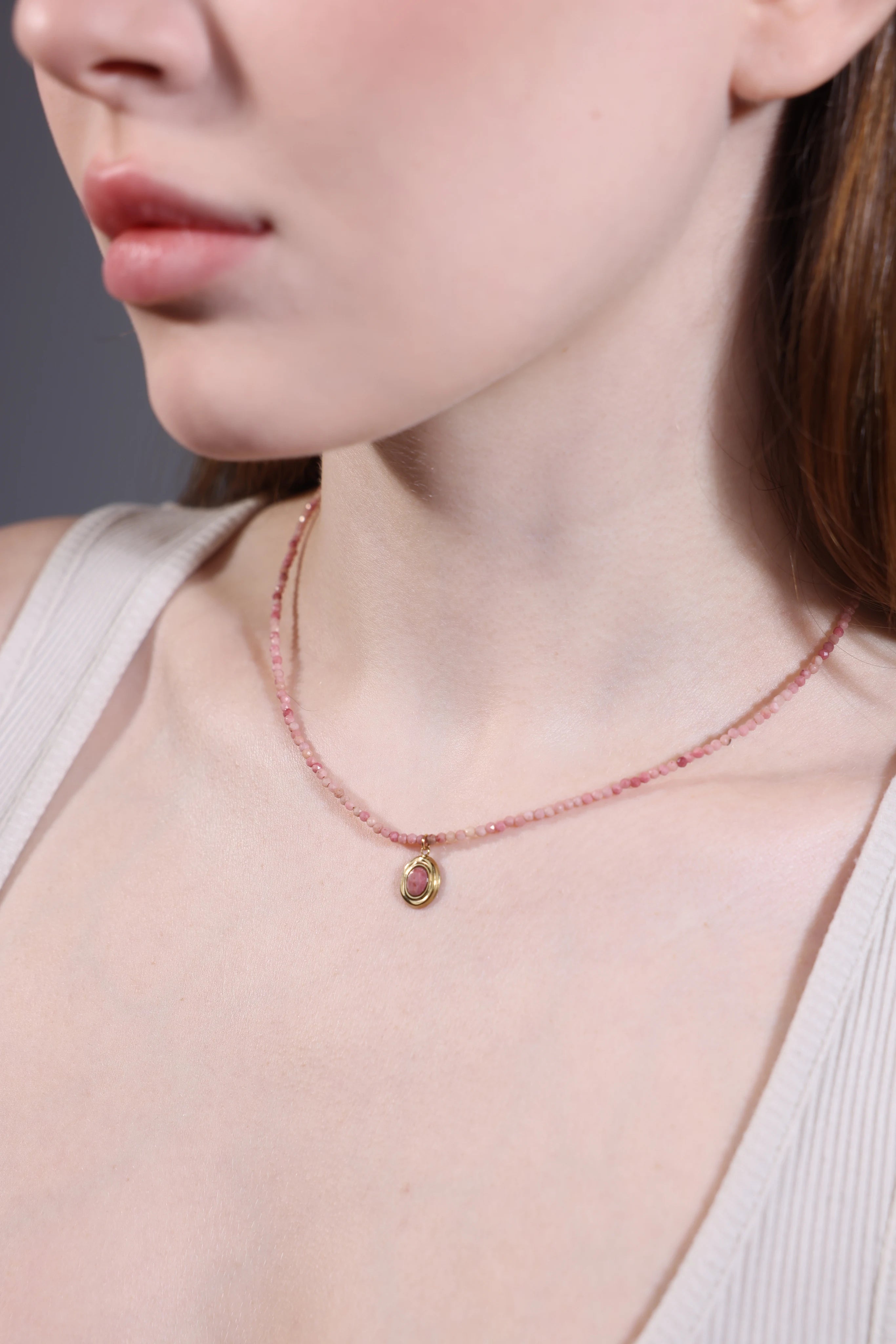 model wearing pink opal pendant beaded necklace – minimalist layering