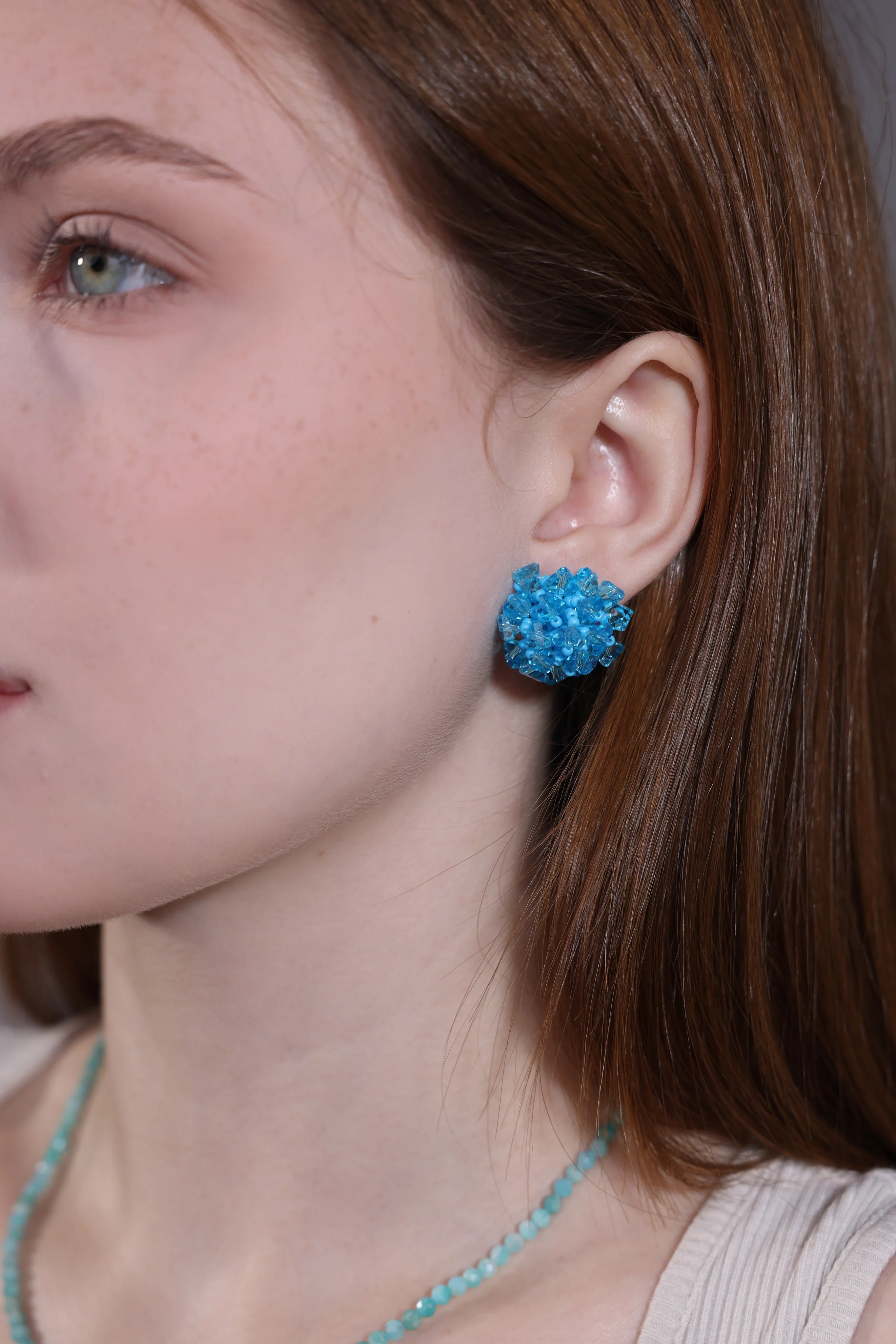 model wearing sky blue hydrangea stud earrings – kawaii jewelry