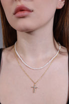 model wearing white agate necklace – minimalist bridal layering