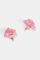 close-up of pink crystal beaded hydrangea flower earrings – stud design