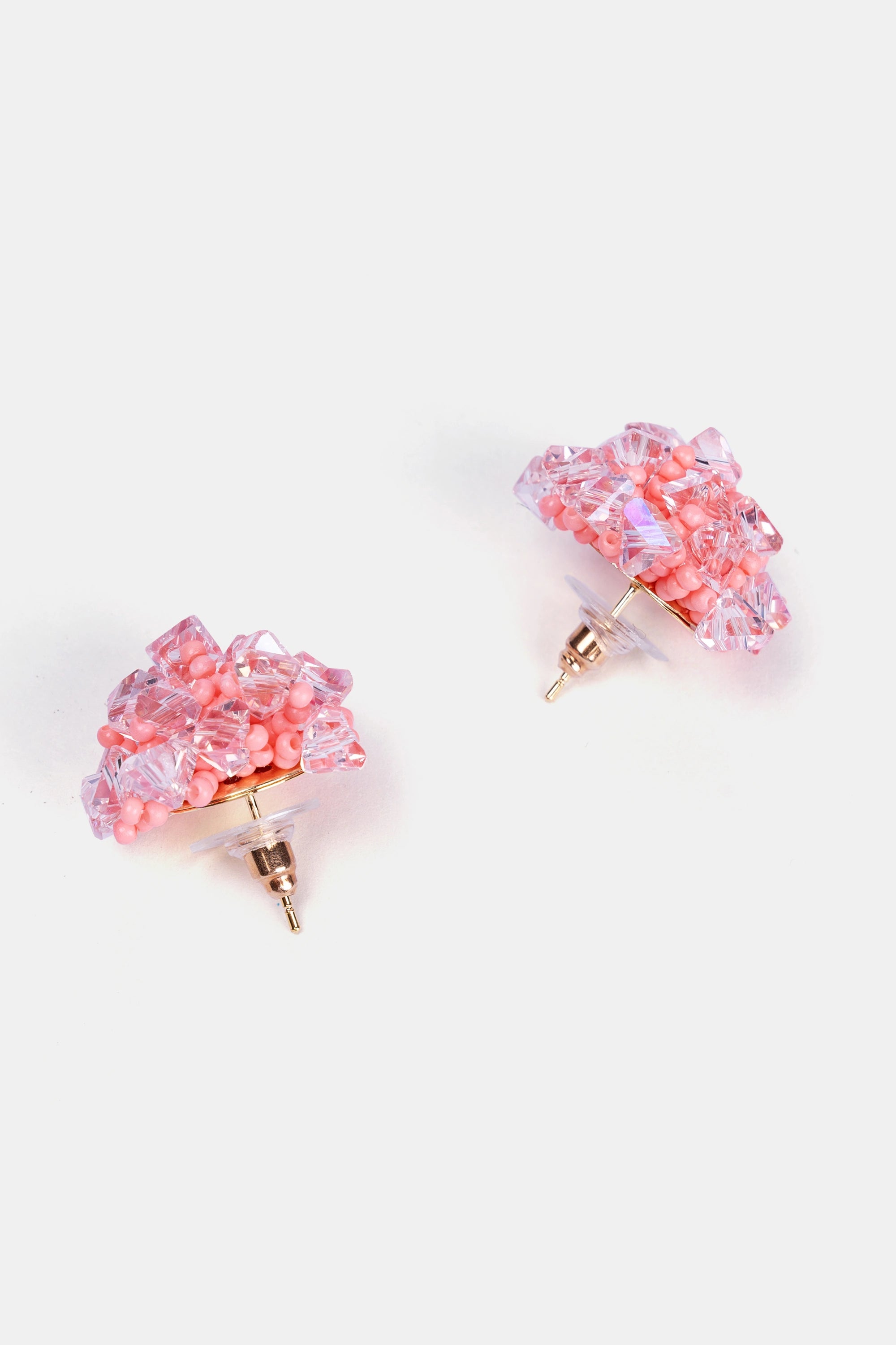 close-up of pink crystal beaded hydrangea flower earrings – stud design