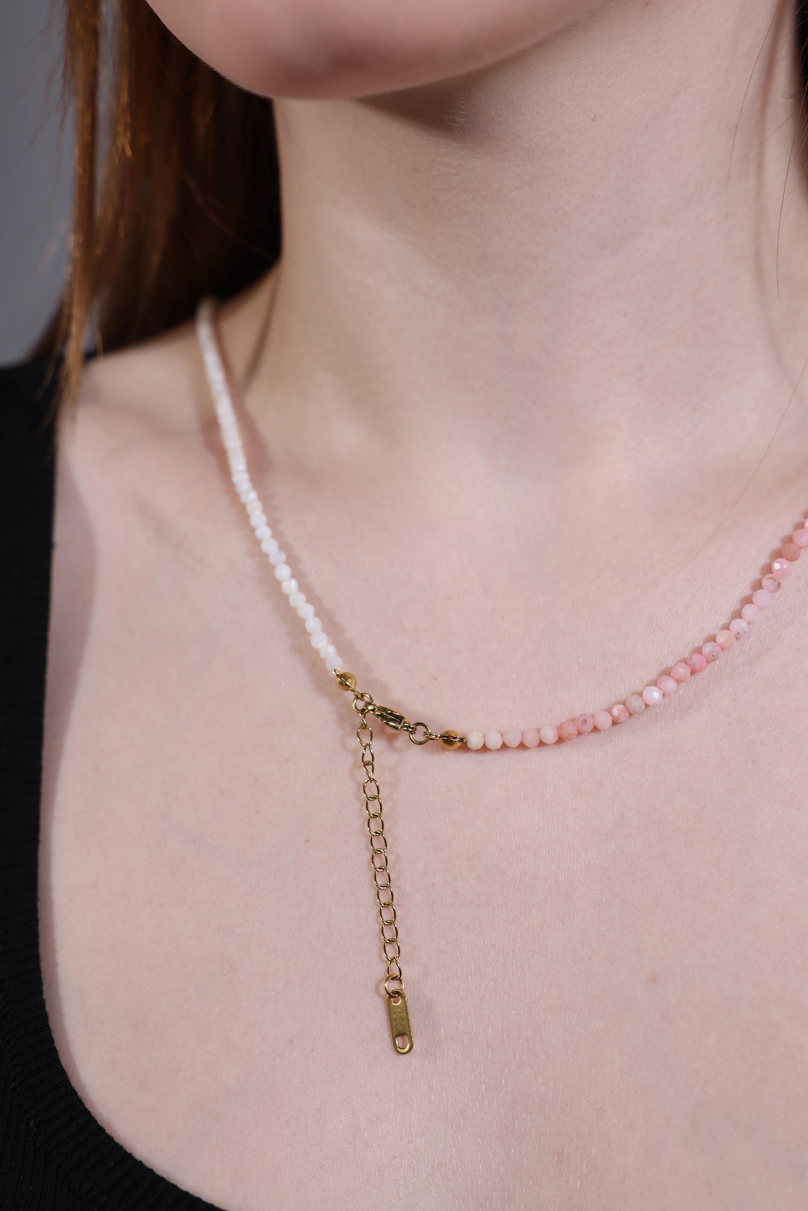 pink opal necklace layered with a white bracelet – styling idea (necklace only for sale)