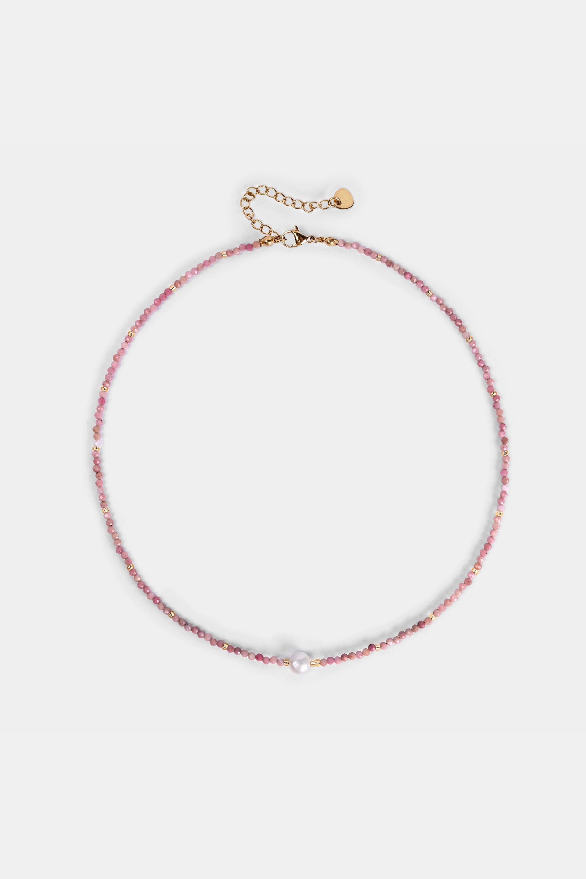 pink tourmaline beaded necklace with freshwater pearl center and extender – Velvet Luminance