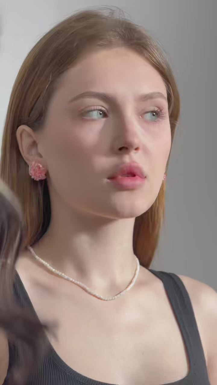 VelvetLuminance pearl necklace with pink flower stud earrings – elegant minimalist jewelry for women