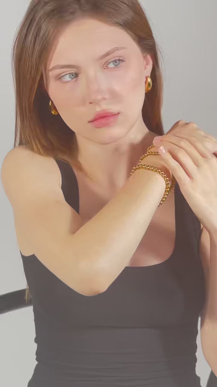 VelvetLuminance gold bead bracelet and chunky hoop earrings – minimalist jewelry for stacking and everyday wear