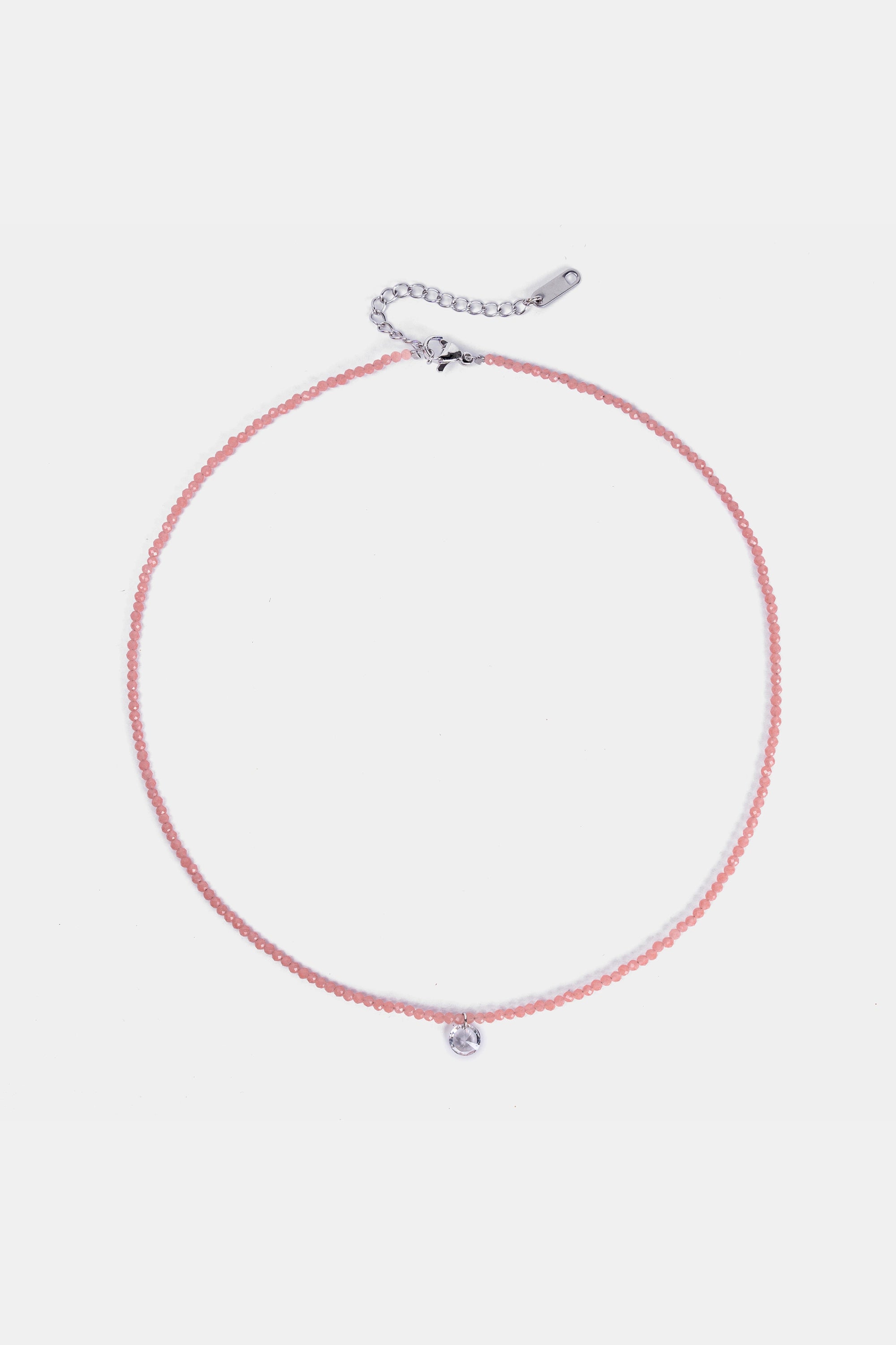 rose quartz beaded necklace with clear quartz charm, adjustable choker – Velvet Luminance