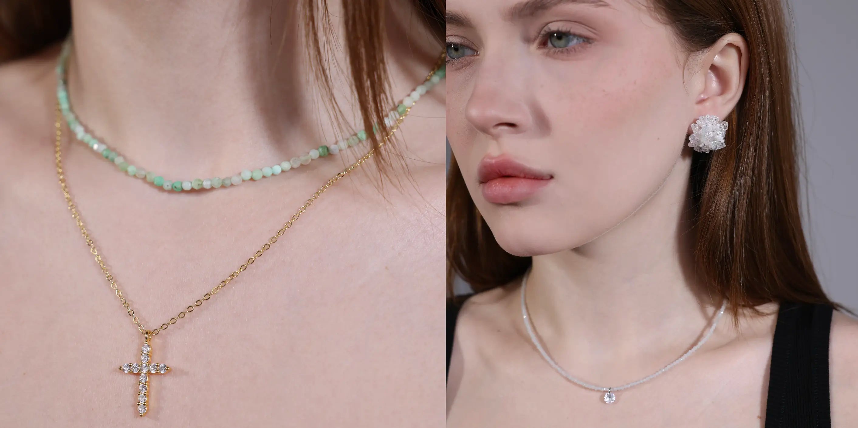Minimalist jewelry layering – gold cross pendant with mint beaded choker and clear hydrangea stud earrings on model – Velvet Luminance