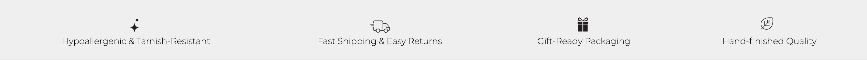 Velvet Luminance jewelry features icons – hypoallergenic, fast shipping, gift-ready packaging, hand-finished quality