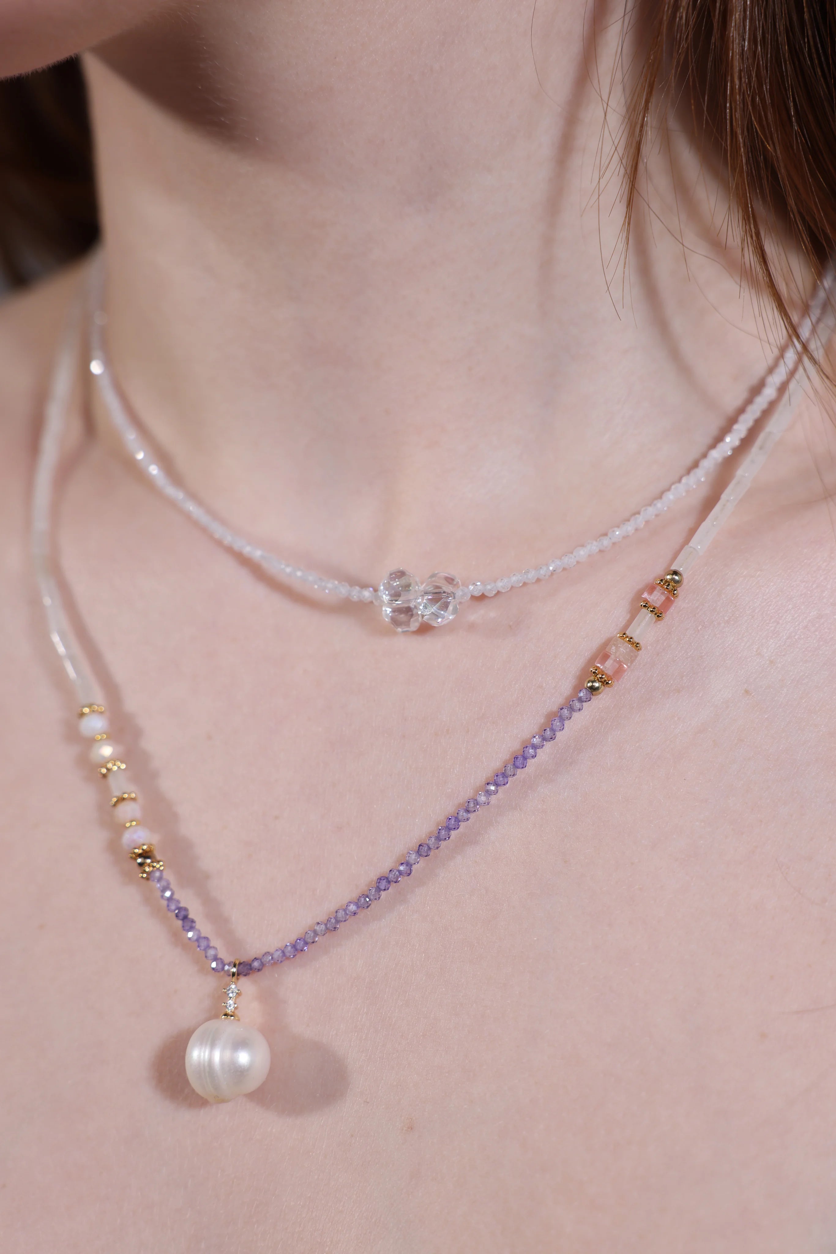model layering freshwater pearl seed bead necklace for bridal look (other necklace not included)