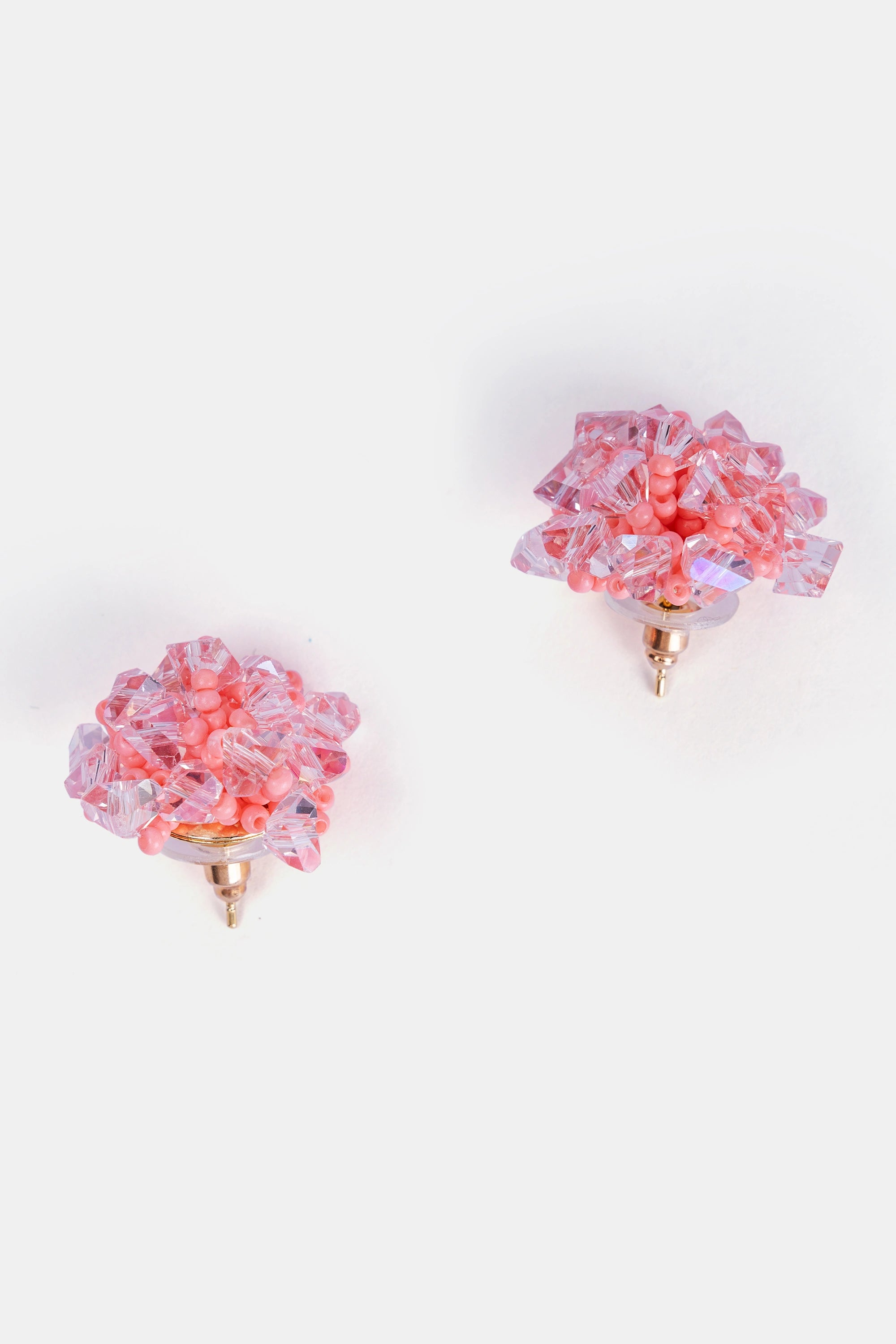 close-up of pink crystal beaded hydrangea flower earrings – stud design